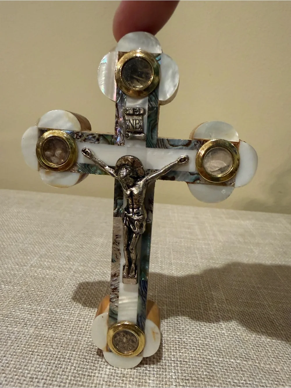 Vintage Jerusalem Olive Wood Mother of Pearl Abalone Crucifix Relic Wall Cross
